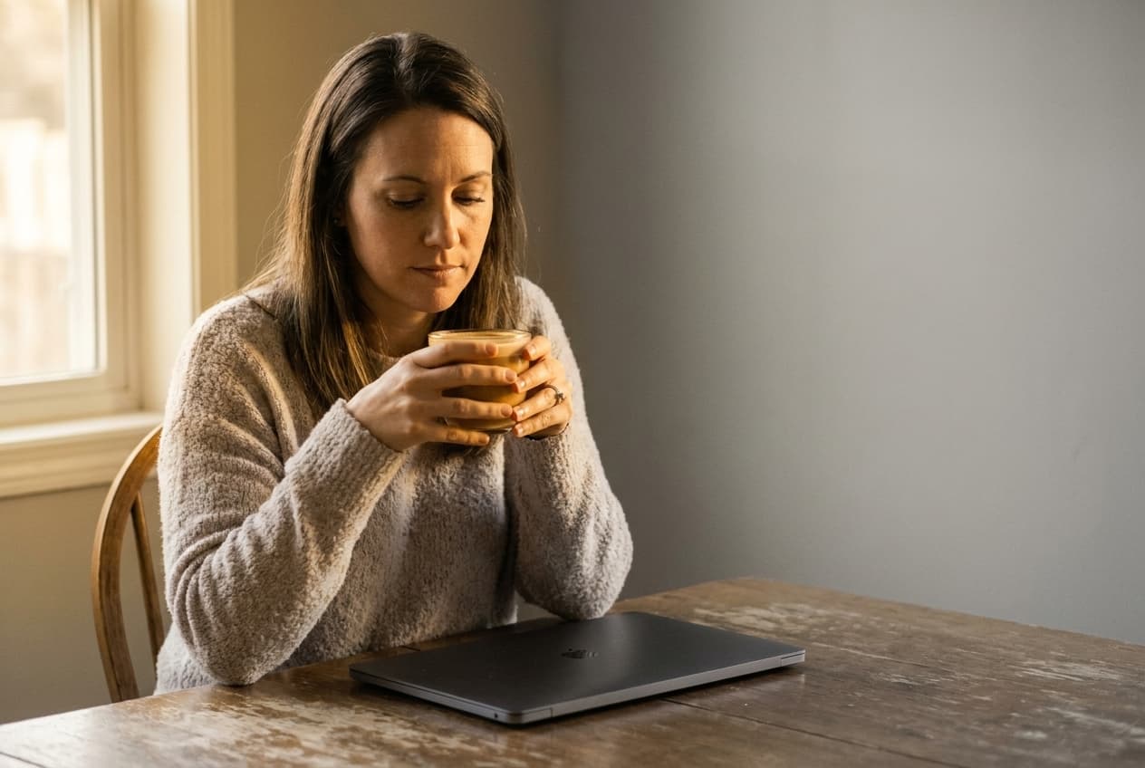 A founder starting the morning with coffee, laptop closed — the books already handled