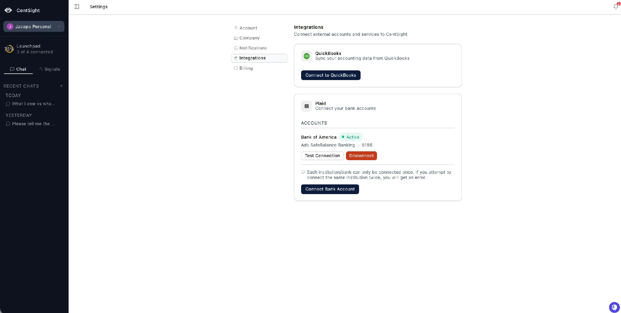 CentSight Settings Integrations Plaid section with a Bank of America account connected and labelled Active.